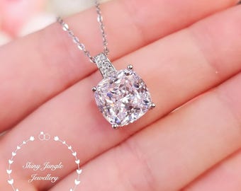 Crushed Ice Diamond Necklace, 3 Carats 10×10 mm Cushion Cut Diamond Simulant Pendant,  April Birthstone Gift, Bridal Necklace