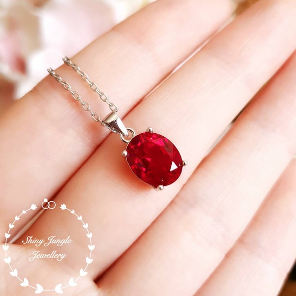 Oval Ruby Necklace, Pigeon's Blood lab created Genuine Ruby, Ruby Solitaire Necklace, Sterling Silver Necklace, July Birthstone Gift