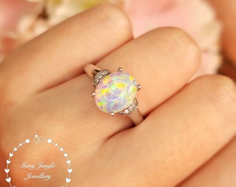 3 Carats Oval Cut Fire Opal Ring, 8*10 mm White Fire Opal Cabochon Ring in Ribbon Setting, October Birthstone Promise Ring, Modern Opal Ring