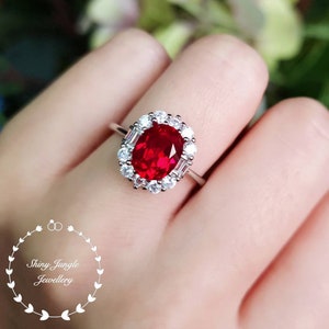 Art deco Halo Oval Ruby Ring, Genuine Lab Grown Ruby Engagement Ring, July Birthstone Promise Ring, Vintage Design Cluster Ring