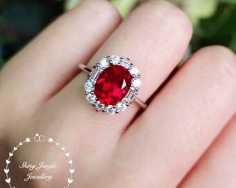 Art deco Halo Oval Ruby Ring, Genuine Lab Grown Ruby Engagement Ring, July Birthstone Promise Ring, Vintage Design Cluster Ring