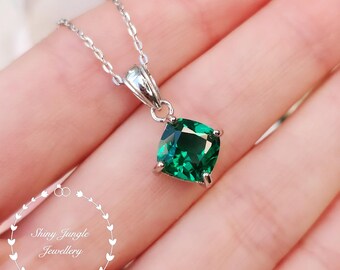 Muzo Green Cushion Cut Emerald Necklace, Square Emerald Solitare Pendant, Sterling Silver, May Birthstone Gift