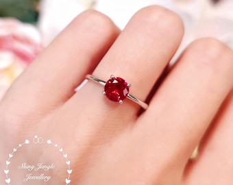 Dainty 1 Carat Round Cut Genuine Lab Grown Ruby Ring, Delicate Ruby Solitaire Ring, July Birthstone Promise Ring, Simple Red Gemstone Ring