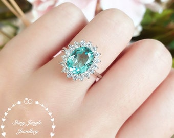 Halo Paraiba Tourmaline ring, 3 carats 8*10 mm Turquoise Green Tourmaline Ring, Oval Cut Bluish Green Gemstone Ring, October Birthstone Ring