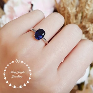 Simple Solitaire Genuine Lab Grown Blue Sapphire Engagement Ring, Oval Cut Royal Blue Sapphire Promise Ring, September Birthstone Gift