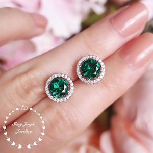 1 Carat Round Halo Emerald Stud Earrings, Muzo Green Emerald Earrings, Emerald Cluster Earrings, Green Bridal Earrings, Modern Halo Earrings
