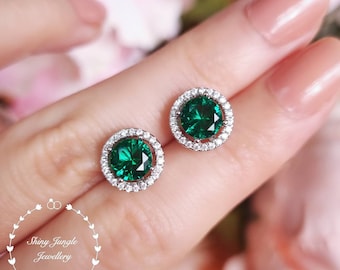 1 Carat Round Halo Emerald Stud Earrings, Muzo Green Emerald Earrings, Emerald Cluster Earrings, Green Bridal Earrings, Modern Halo Earrings