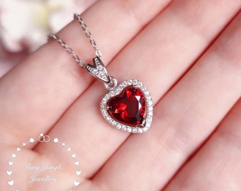 Halo Heart Shaped Garnet Necklace, 2 carats 8*8mm Deep Red Heart Cut Garnet Pendant, January Birthstone Pendant, Valentine's Gift For Her