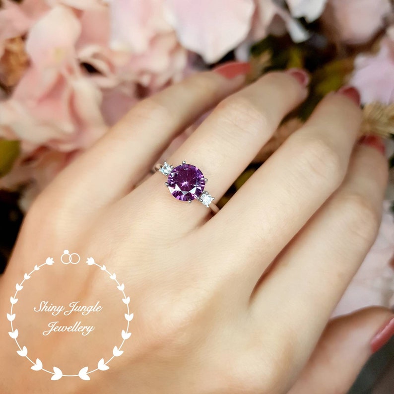 Alexandrite Ring, 2 carats 8 mm Round Cut Alexandrite Three Stone Engagement Ring, June Birthstone Promise Ring, Colour Changing Gemstone image 2