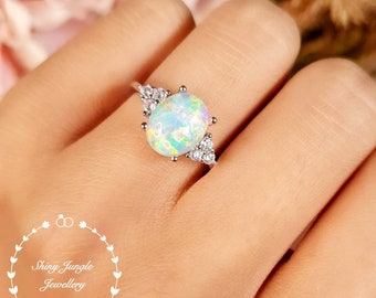 Three Stone Style Opal Engagement Ring, 8*10 mm White Fire Opal Cabochon Ring, October Birthstone Promise Ring, Modern Opal Statement Ring