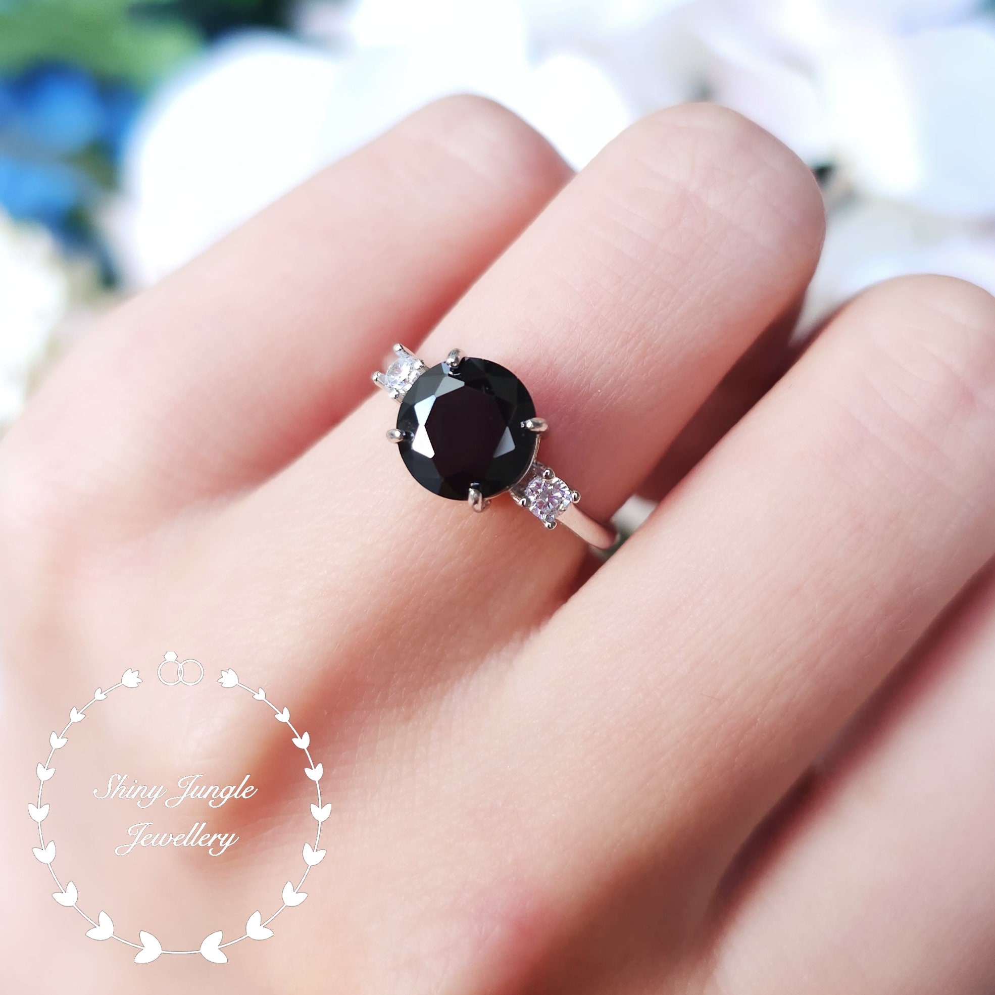 2 Carats Black Spinel Engagement Ring, Classic Trilogy Spinel Ring 