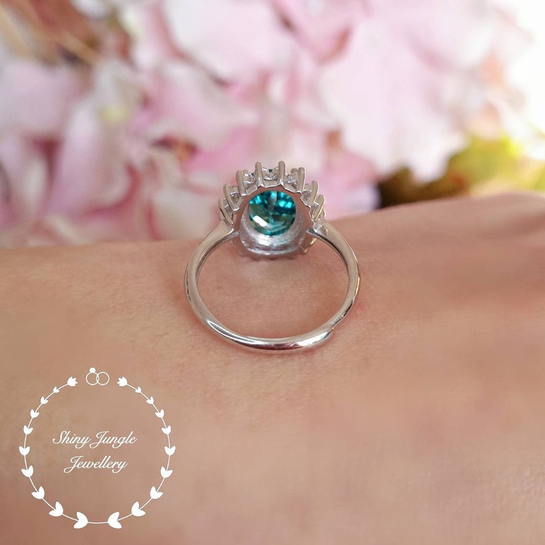 Halo 3 Carats Oval Cut Indicolite Tourmaline Engagement Ring, Teal Green Tourmaline Ring, Deep Turquoise Tourmaline Ring, October Birthstone image 7