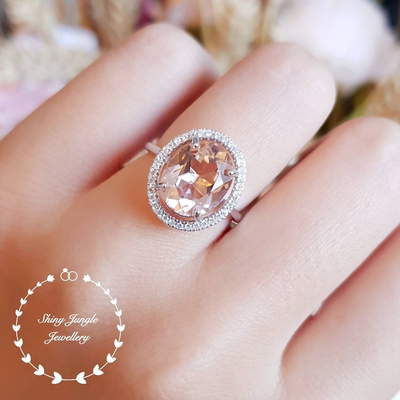 pink gemstone ring 5 carat oval cut lab morganite Statement Morganite ring whiterose gold plated halo engagement ring solitaire ring
