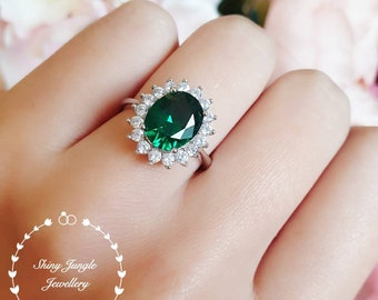 Halo emerald engagement ring, 3 ct lab simulated emerald, white gold plated sterling silver, green gemstone ring, cluster promise ring