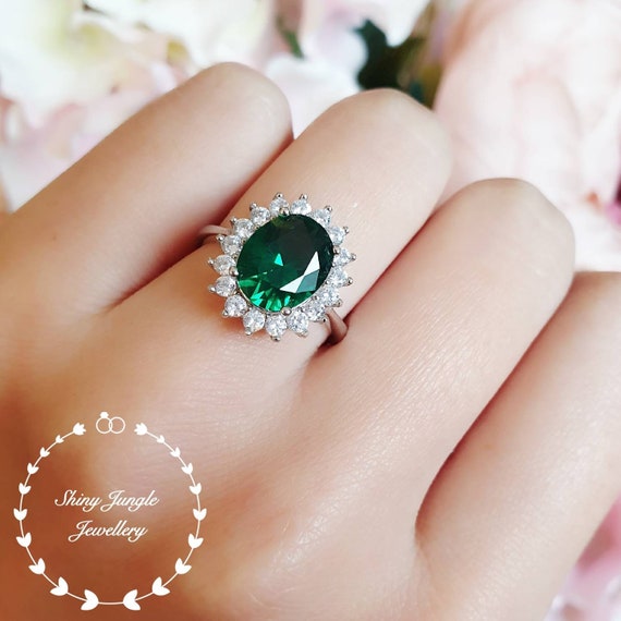 Halo emerald engagement ring, 3 ct lab simulated emerald, white gold plated sterling silver, green gemstone ring, cluster promise ring
