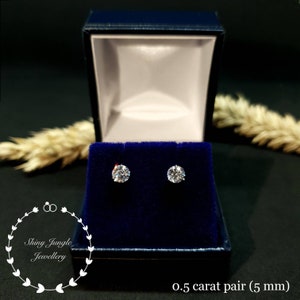 Diamond Stud Earrings, 0.5, 1 & 2 Carat Man Made Diamond Simulant Studs, 14k White Gold Plated Silver 3 Prong Set, Mothers Gift with Box 0.5 carat pair (5mm)