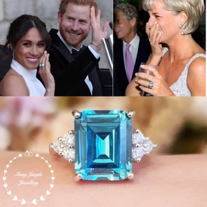 Statement Aquamarine Ring, Emerald Cut 8 carats (12×10mm) lab made Aquamarine, similar design to Meghan Markle's ring at her Royal Wedding