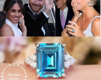 Statement Aquamarine Ring, Emerald Cut 8 carats (12×10mm) lab made Aquamarine, similar design to Meghan Markle's ring at her Royal Wedding