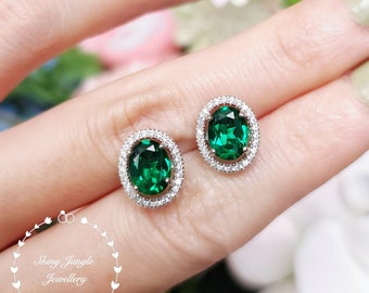 Modern Halo Oval Emerald Stud Earrings, Muzo Green Emerald Earrings, Emerald Circle Earrings, Green Bridal Earrings, May Birthstone Gift