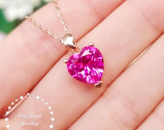 Pink Sapphire Heart Necklace, Heart Cut 3 carats 10*10mm Genuine Lab Grown Pink Sapphire Pendant, September Birthstone gift, Bridal Necklace