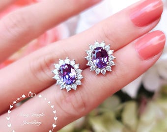 Diana Halo Alexandrite Earrings, 2 Carat 6*8 mm Oval Cut Alexandrite Earrings, June Birthstone Earrings, Colour Changing Gemstone Earrings