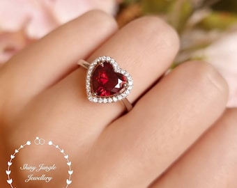 Halo Heart Shaped Garnet Ring, 2 carats 8*8mm Deep Red Heart Cut Garnet Engagement Ring, January Birthstone Ring, Garnet Promise Ring