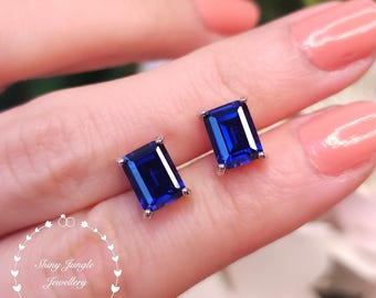 2 Carats Emerald Cut Sapphire Studs, 6*8mm Rectangular Royal Blue Genuine Lab Grown Sapphires, Simple Bridal Earrings, Minimalist Earrings