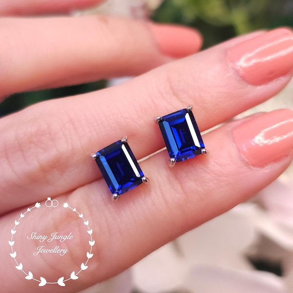 2 Carats Emerald Cut Sapphire Studs, 6*8mm Rectangular Royal Blue Genuine Lab Grown Sapphires, Simple Bridal Earrings, Minimalist Earrings