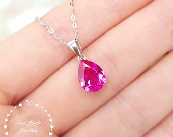 Pear Cut Pink Sapphire Necklace, Teardrop Genuine Lab Grown Hot Pink Sapphire Pendant, September Birthstone Gift, Pink Sapphire Solitaire