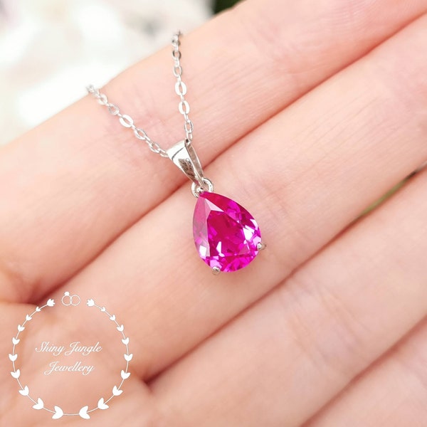 Pear Cut Pink Saphir Halskette, Teardrop echten Lab gewachsen Hot Pink Saphir Anhänger, September Birthstone Geschenk, Pink Sapphire Solitär