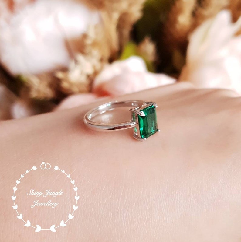 Emerald cut emerald ring, 2 carats 68 mm Emerald Cut Engagement ring, white gold plated sterling silver, green gemstone ring, square cut image 4