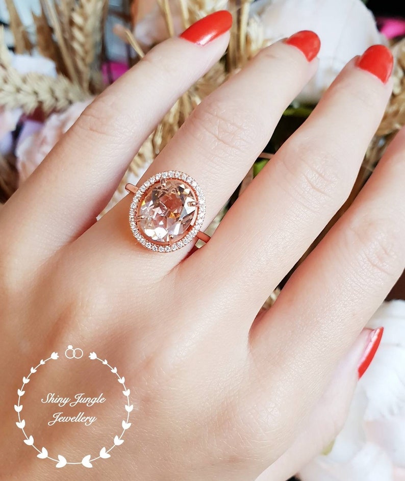 pink gemstone ring 5 carat oval cut lab morganite Statement Morganite ring whiterose gold plated halo engagement ring solitaire ring