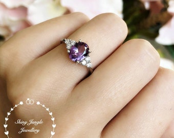 Alexandrite Ring, Oval Three Stone Style Alexandrite Engagement Ring, June Birthstone Promise ring, Colour Changing Purple Gemstone Ring