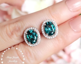 Modern Halo Indicolite Tourmaline Earrings, Teal Bluish Green Tourmaline Earrings, Teal Bridal Earrings, Oval Halo Tourmaline Earrings