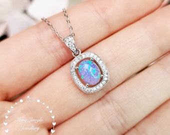 Vintage Design Halo Oval Cut Blue Fire Opal Necklace, 6*8 mm Opal Cabochon Pendant, October Birthstone Pendant, Cushion Halo Opal Necklace