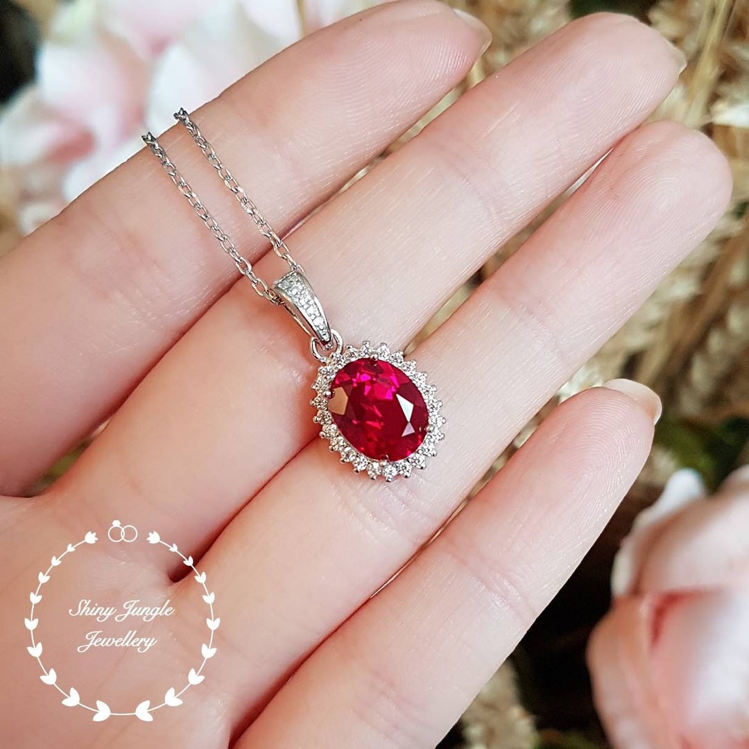 Royal Halo Genuine Lab Grown Ruby Necklace, 3 Carats 8*10 Mm Royal Halo Genuine Lab Grown Ruby Necklace, 3 Carats 8*10 Mm