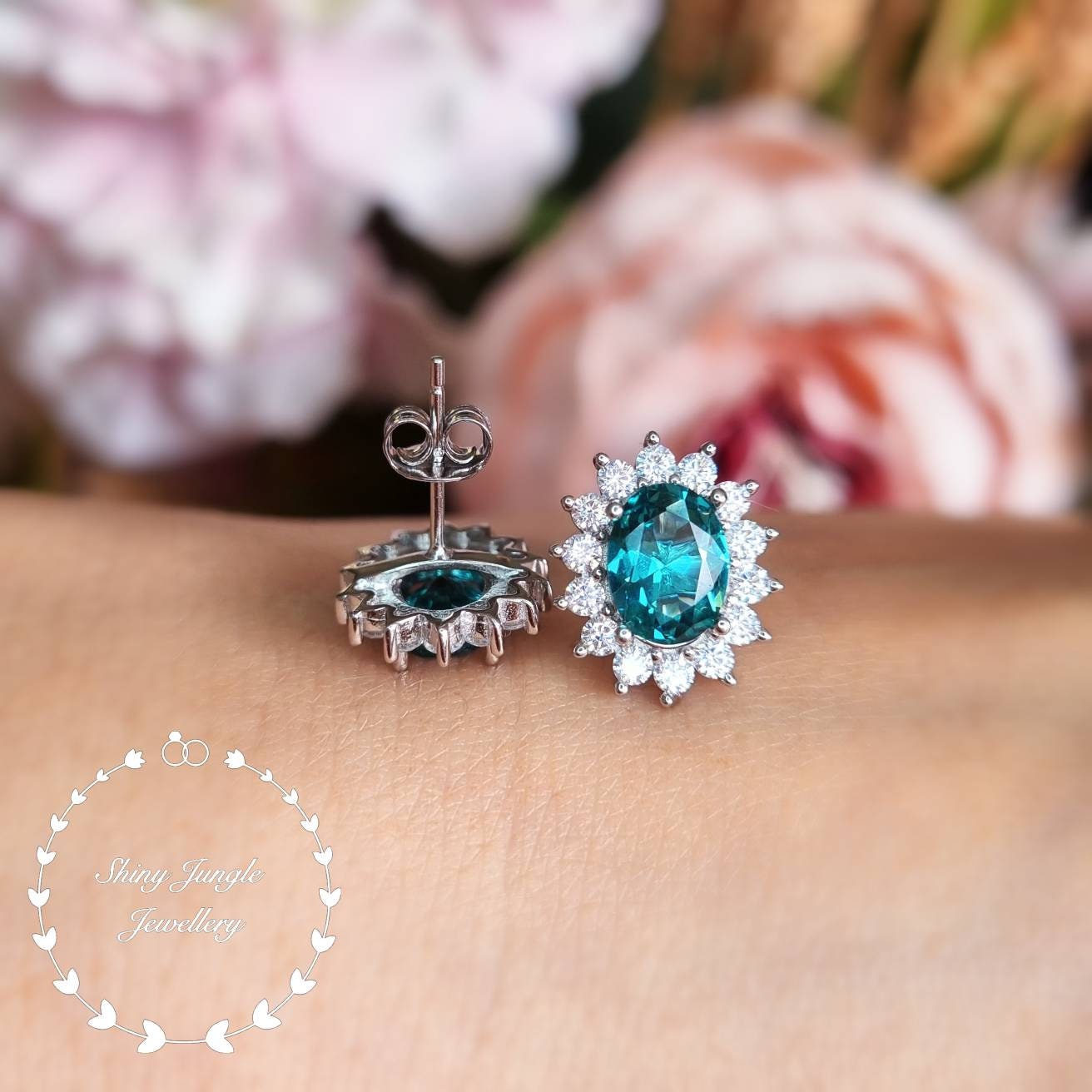 Indicolite Tourmaline Halo Earrings Teal Bluish Green Tourmaline Earrings Teal Bridal Earrings Oval Tourmaline Earrings Cluster Earrings