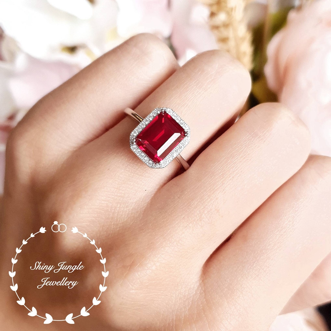 Genuine Lab Grown Pigeon's Blood Ruby Halo Engagement Ring,