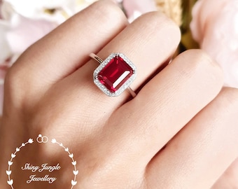 Genuine lab grown Pigeon's Blood Ruby Halo Engagement Ring, 3 carats 7×9 mm emerald cut ruby, white/rose gold plated silver, red gem ring