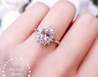 Rare Pastel Blush Pink Genuine Lab Grown Sapphire Engagement Ring, 2 Carats 6*8 Oval Light Padparadscha Sapphire Ring, Diana Halo Design