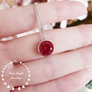 Set di castoni rotondi, collana di rubini coltivati in laboratorio, ciondolo di rubini da 2 carati, collana solitaria, regalo di pietra portafortuna di luglio argento placcato oro bianco/rosa