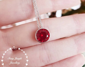 Round bezel set genuine lab grown ruby necklace, 2 carats ruby pendant,solitaire necklace,July birthstone gift white/rose gold plated silver