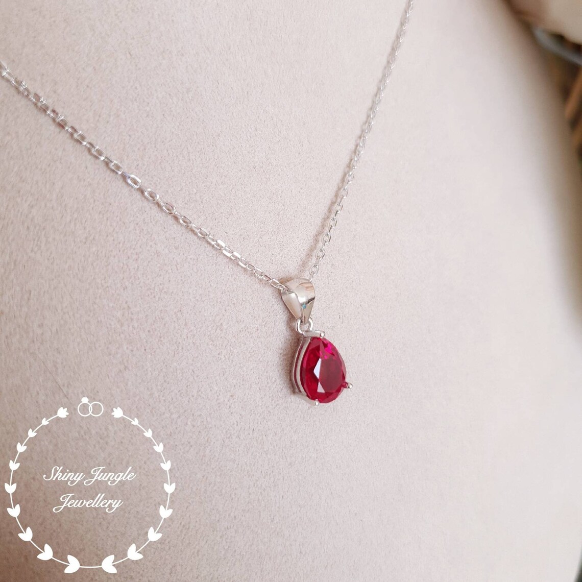 Pear Shaped Genuine Lab Grown Ruby Necklace, July Birthstone Pendant ...