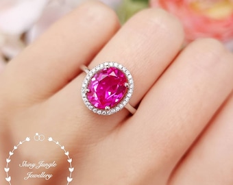 Modern Halo Genuine Lab Grown Pink Sapphire Ring, 3 carats 8*10 mm Hot Pink Oval Cut Sapphire Engagement Ring, September Birthstone Ring