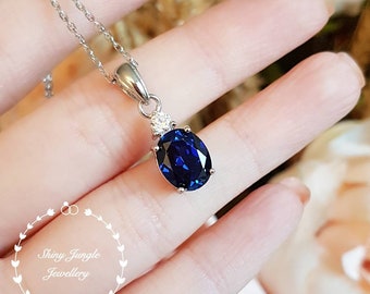 Genuine lab grown Royal Blue sapphire necklace, oval sapphire pendant with one diamond simulant, September birthstone gift,blue gem necklace