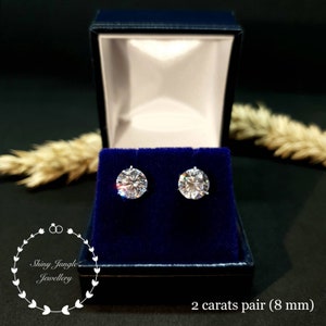 Diamond Stud Earrings, 0.5, 1 & 2 Carat Man Made Diamond Simulant Studs, 14k White Gold Plated Silver 3 Prong Set, Mothers Gift with Box 2 carats pair (8mm)