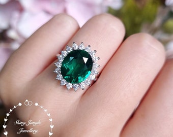Statement 6 Carats Muzo Green Lab Simulated Emerald Ring, Oval 12×10mm Halo Emerald Cocktail Ring, Princess Diana Engagement Ring