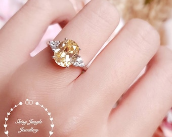 Oval Yellow Diamond Engagement Ring, 3 Carats Oval Fancy Yellow Diamond Simulant Promise Ring, Sterling Silver Ring, April Birthstone Gift