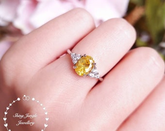 2 Carats Three Stone Oval Yellow Diamond Engagement Ring, Fancy Intense Yellow diamond simulant Promise Ring, Yellow Gem Trilogy Ring