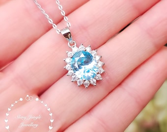Diana Halo Aquamarine Necklace, 3 carats Oval Aquamarine Pendant, Sterling Silver, March Birthstone Gift